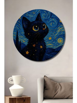 Teona Ahşap Kara Kedi Yıldızlı Gecede Ahşap Tablo Yuvarlak Duvar Tablosu
