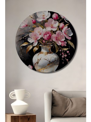 Teona Ahşap Pembe Çiçekli Sulu Boya Görünümlü Vazo Dekoratif Ahşap Tablo Yuvarlak Duvar Tablosu