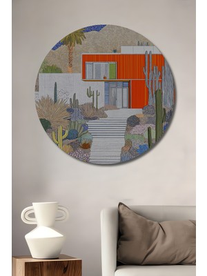 Teona Ahşap Modern Çöl Evi Ve Kaktüs Bahçesi Yağlı Boya Görünümlü Dekoratif Ahşap Tablo Yuvarlak Duvar Tablosu