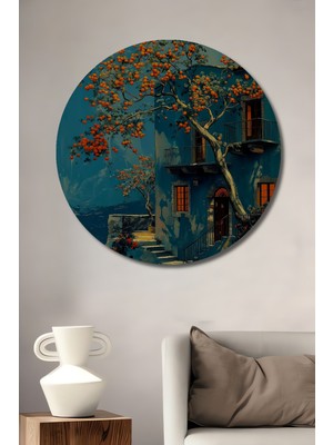 Teona Ahşap Mavi Akdeniz Evi Portakal Ağacı Yağlı Boya Görünümlü Dekoratif Ahşap Tablo Yuvarlak Duvar Tablosu