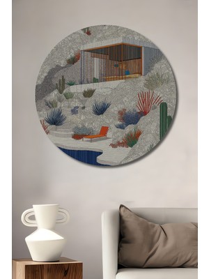 Teona Ahşap Modern Çöl Evi Ve Kaktüs Manzarası Grafik Sanat Görünümlü Ahşap Dekoratif Tablo Yuvarlak Duvar Tablosu