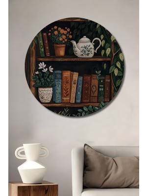 Teona Ahşap Kitaplıklı Vazo Demlik Çiçekli Sulu Boya Görünümlü Ahşap Tablo Yuvarlak Duvar Tablosu
