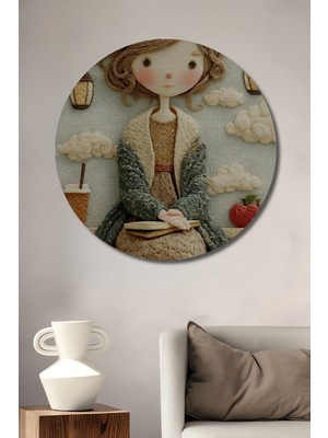 Teona Ahşap Sonbahar Kızı İplik Nakış Görünümlü Ahşap Dekoratif Tablo Yuvarlak Duvar Tablosu