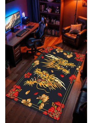 Charmbi Ejderha Desenli Kaymaz Taban Makinede Yıkanabilir Gaming Oyuncu Gamer Genç Odası Halısı