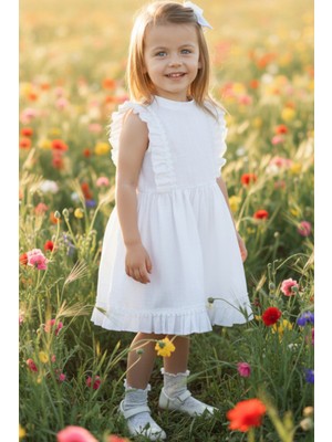 Parla Kids Kız Bebek Eloise Beyaz Fisto Keten Elbise Toka Takım