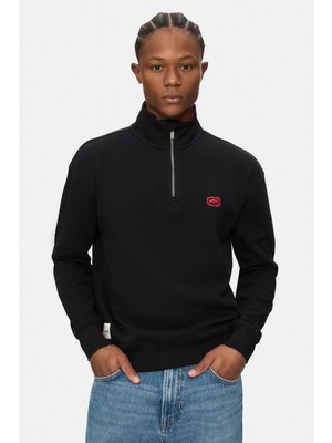 Ecko Unltd. Cypress Siyah Dik Yaka Yarım Fermuarlı Nakışlı Loose Fit Sweatshirt