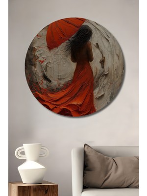Teona Ahşap Yağlı Boya Görünümlü Kadın ve Şemsiye Ahşap Dekoratif Tablo Yuvarlak Duvar Tablosu