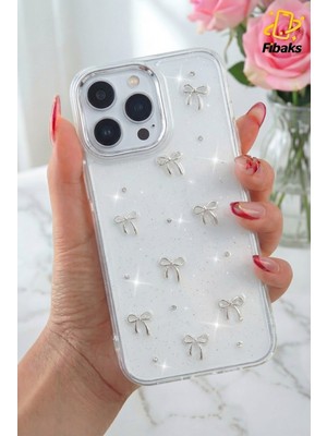 Fibaks Apple iPhone 15 Pro Kılıf Fiyonk Desenli Şeffaf Simli Gümüş Kamera Çıkıntılı Parlak Kapak