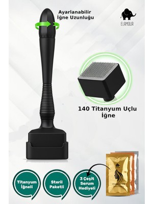 Elamour 140 Titanyum Iğneli Ayarlanabilir Iğne Ölçülü (0.25-3.0mm) - Serum Hediyeli - Siyah Dermastamp