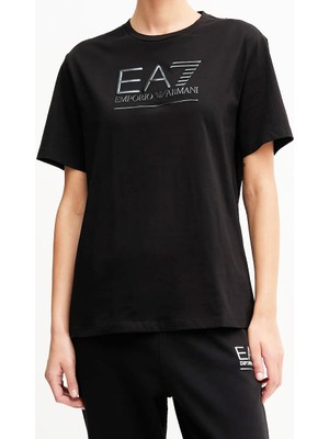 EA7 Kadın Bisiklet Yaka Parlak Logolu T-Shirt - Siyah/gümüş