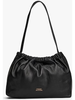 Tommy Hilfiger Kadın Soft Leather Büzgü Detaylı Deri Omuz Çantası - Siyah