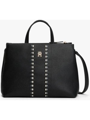 Tommy Hilfiger Kadın Timeless Satchel Dekoratif Şerit Detaylı El ve Omuz Çantası - Siyah