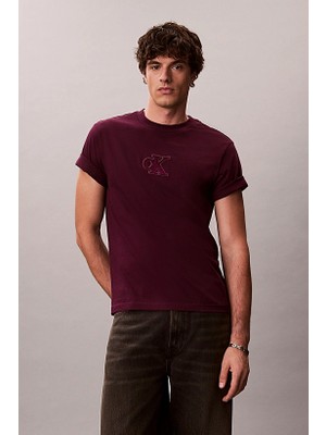Calvin Klein Erkek Rahat Kesim Bisiklet Yaka Kadife Logolu T-Shirt - Bordo