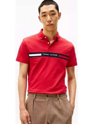 Tommy Hilfiger Erkek Regular Fit Göğsü Şeritli ve Yazı Nakışlı Polo Yaka T-Shirt - Kırmızı