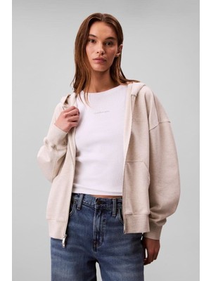 Calvin Klein Kadın Regular Fit Fermuarlı Kapüşonlu Sweatshirt - Bej