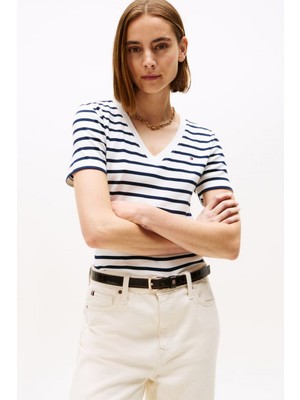 Tommy Hilfiger Kadın Slim Fit V Yaka Kısa Kollu Çizgili T-Shirt - Lacivert/ekru