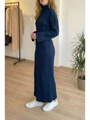 Niche Thread Volanlı Triko Tesettür Elbise - Lacivert
