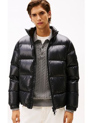 Tommy Hilfiger Erkek Parlak Görünümlü Tam Kalıp Dik Yaka Şişme Mont - Siyah