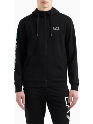 EA7 Erkek Kapüşonlu Tam Kalıp Logo Baskılı Fermuarlı Sweatshirt - Siyah