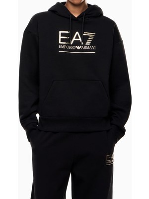 EA7 Kadın Kapüşonlu Tam Kalıp Kanguru Cepli Sweatshirt - Siyah