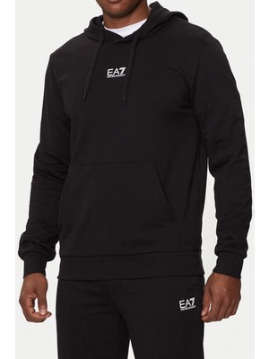 EA7 Erkek Tam Kalıp Kapüşonlu Kanguru Cepli Sweatshirt - Siyah
