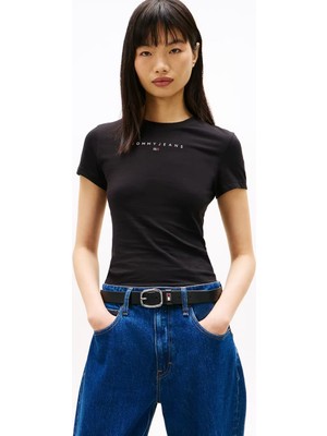 Tommy Hilfiger Kadın Slim Bling Linear Yazı Logolu T-Shirt - Siyah
