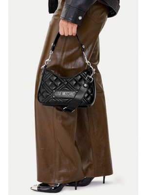 Love Moschino Kadın Kapitone Logo Omuz Çantası – Siyah