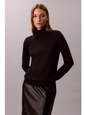 Calvin Klein Kadın Tam Kalıp Boğazlı Yaka Yün Karışımlı Kazak - Siyah