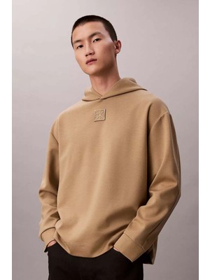 Calvin Klein Erkek Kapüşonlu Tam Kalıp Yün Karışımlı Kare Logo Detaylı Sweatshirt - Bej