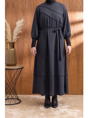 Letafet Kolları ve Yakası Ribanalı Elbise - Antrasit