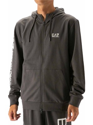 EA7 Erkek Kapüşonlu Tam Kalıp Logo Baskılı Fermuarlı Sweatshirt - Antrasit