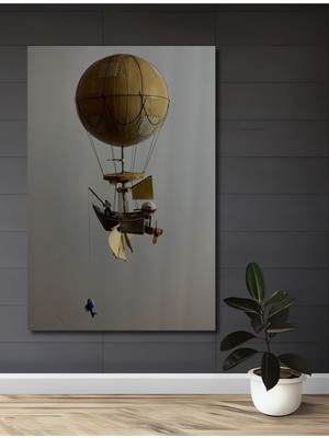 Teona Ahşap Steampunk Balon Balıkçı Teknesi Yağlı Boya Görünümlü Ahşap Dekoratif Ev,antre,salon,ofis Tablo