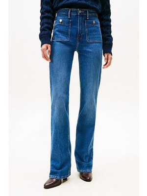 Tommy Hilfiger Kadın Bootcut Fit Yüksek Bel Düğmeli Yama Cepli Jean Pantolon - Mavi