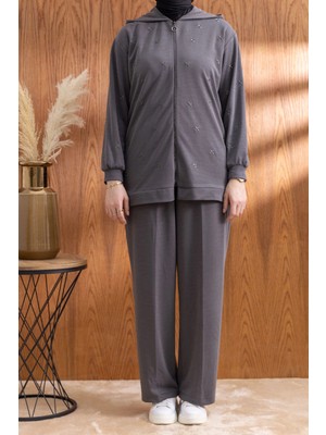 Letafet Nakış ve Inci Detaylı Pantolonlu Takım - Antrasit
