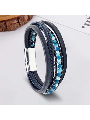 Moncuk Design Mavi Akik Doğaltaş ve Mavi Çoklu Deri Bileklik 33512B9D27