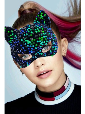 Skygo Siyah Kadife Kumaş Üzerine Mavi Yeşil Payetli Pullu Parti Maskesi 16x14 cm