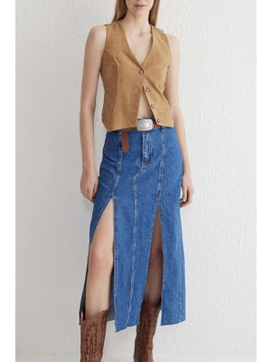 Çift Yırtmaçlı Jean Etek Kadın Yüksek Bel Denim Etek S140
