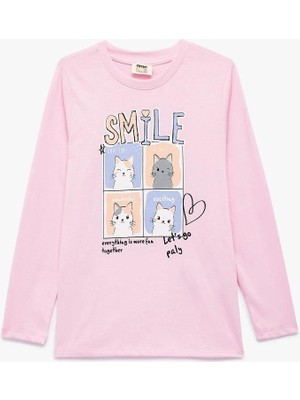 Koton Kız Çocuk Pamuklu Uzun Kollu Bisiklet Yaka Kedili Tişört