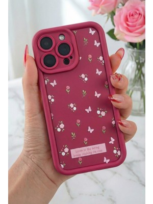 Fibaks Apple iPhone 14 Pro Max Kılıf Yumuşak Dokulu Kelebek ve Gül Desenli Yumuşak Kamera Korumalı Kapak