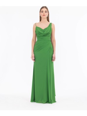 ILMIO Degaje Yaka Yırtmaçlı Dar Form Abiye-Yeşil