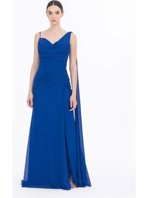 ILMIO Degaje Yaka Yırtmaçlı Dar Form Abiye-Saks Mavi