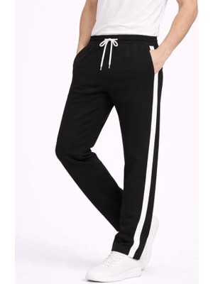 Beruflic Erkek Yandan Şeritli Boru Paça Eşofman Altı 3 Iplik Pamuklu Eşofman - Siyah