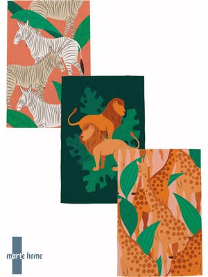 Marte Home Safari - Renkli Baskılı 3'lü Set 40X60 Mutfak Havlusu, Kurulama Bezi