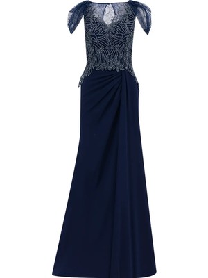 ILMIO Hint Aksesuarlı Balon Kol Dar Form Abiye-Lacivert