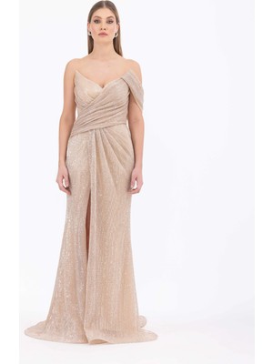 ILMIO Büzgülü Kırlangıç Yakalı Pul Detaylı Abiye-Gold