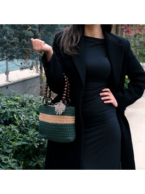 Orman Yeşili El Örgüsü Ahşap Boncuk Askılı Çanta