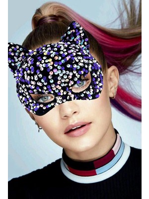 Shopwave Siyah Kadife Kumaş Üzerine Mor Beyaz Payetli Pullu Parti Maskesi 16X14 cm