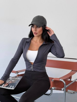 Cuyka Kadın Sweatshirt Dalgıç Kumaş Fermuarlı Parmak Geçirmeli -