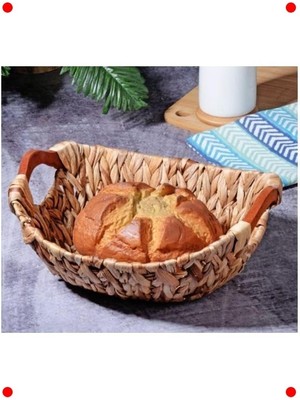 MarkEntegra Ahşap Kulp Oval Hasır Ekmek Sepeti
