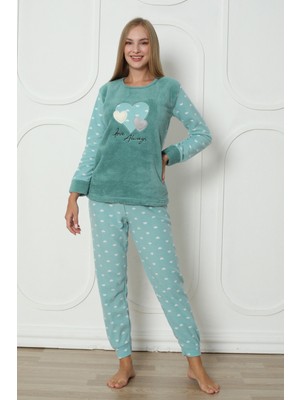 Wordex Fwn 3316 Peluş Welsoft Polar Kışlık Yumoş Kalpli Kadın Pijama Takımı